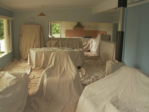 Dust sheets covering London house